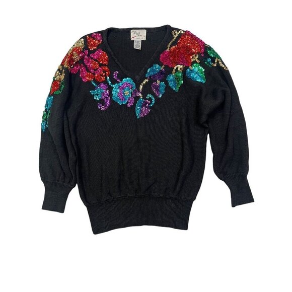 Vtg Sequin Sweater Womens Large Black Ramie Floral Evening Grandma Event Glam - Picture 1 of 8
